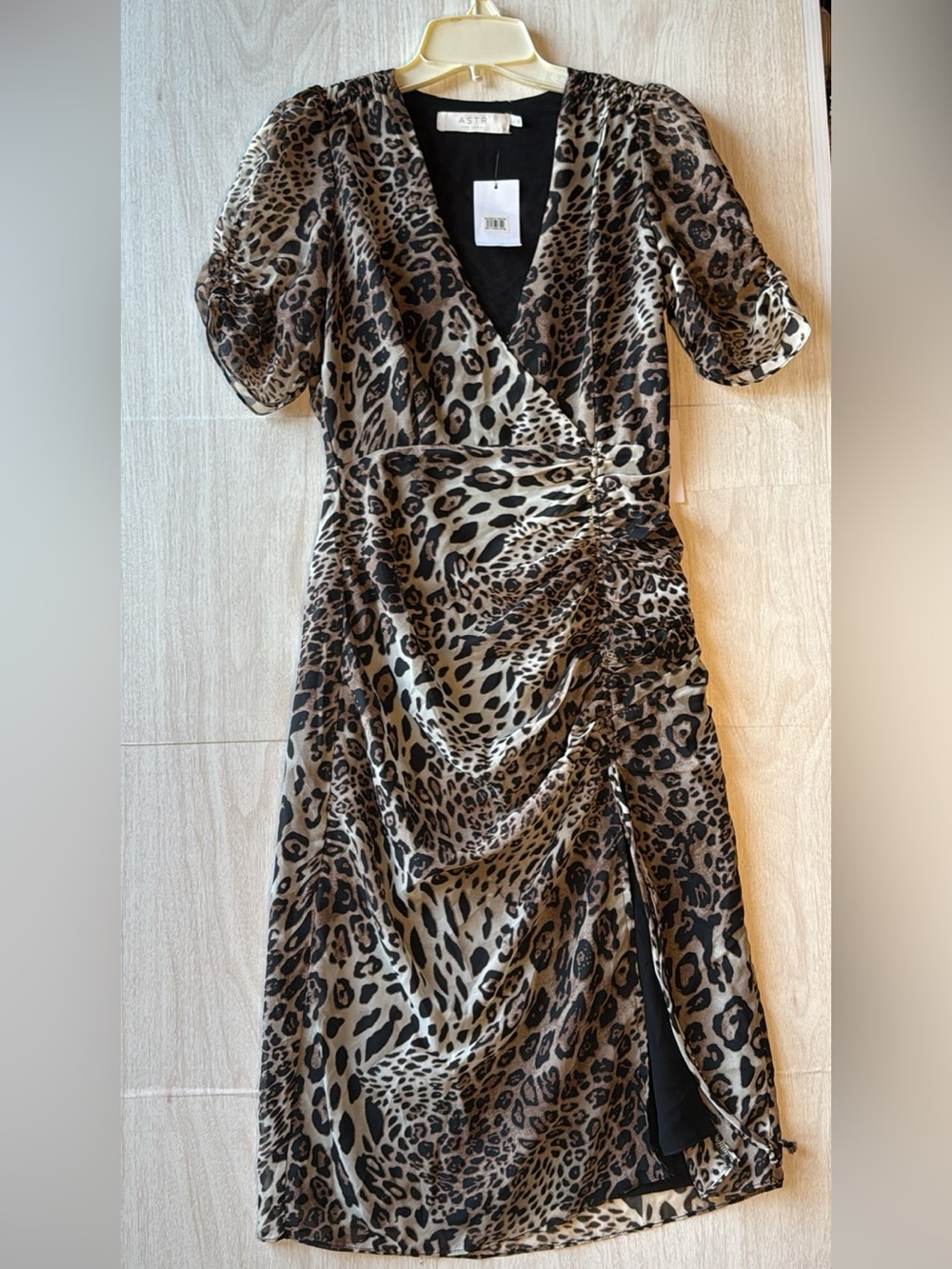Astr Leopard-Print Wrap Midi Dress in Brown and Black